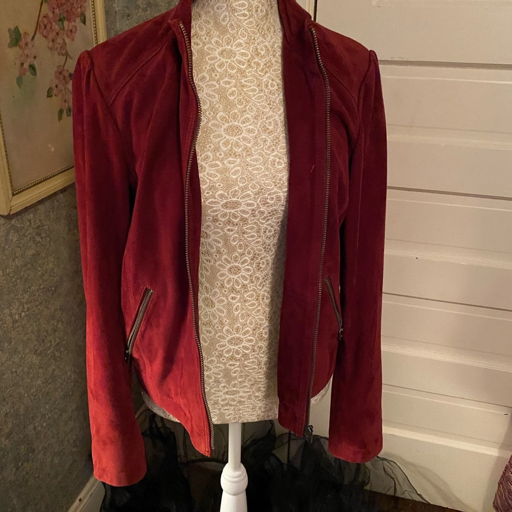 Burgundy red goat suede Moto jacket puffed sleeve Lucky Brand size M great cond! - Picture 7 of 10